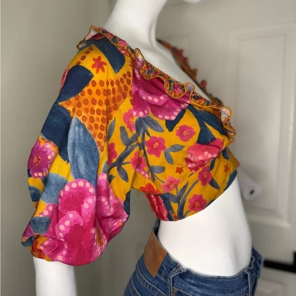 FARM Rio Floral Yellow and Pink Puff Sleeve Crop Blouse